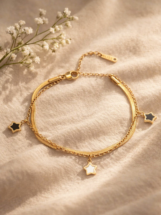 Demi Fine 18K Gold Plated Stainless steel Star Charm Dual Chain Bracelet Length - 16 cm