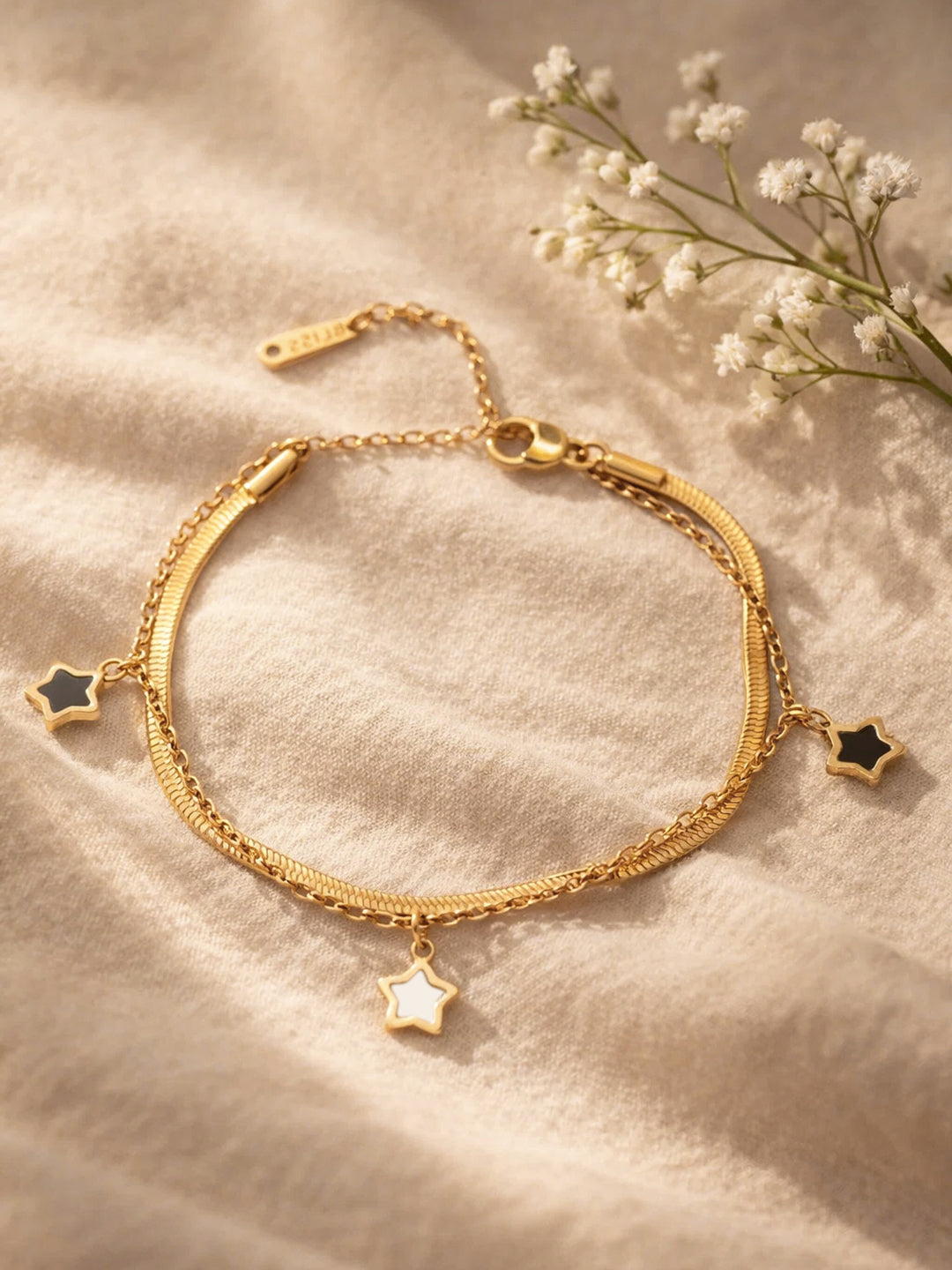 Demi Fine 18K Gold Plated Stainless steel Star Charm Dual Chain Bracelet Length - 16 cm