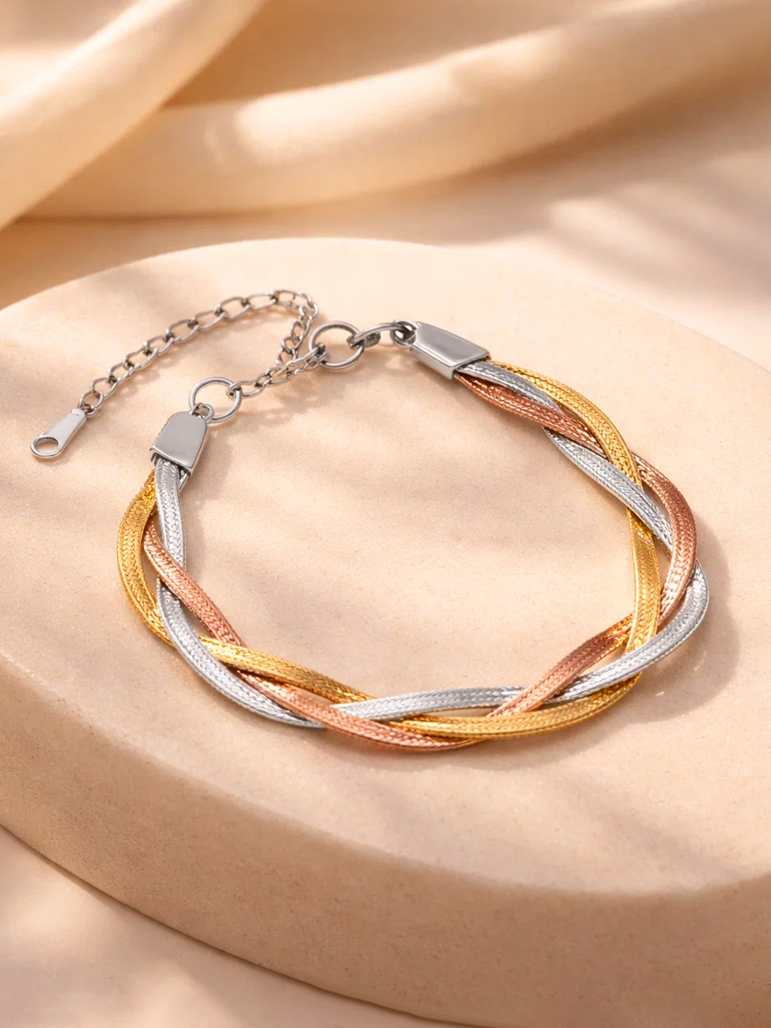 Demi Fine Triple Tone Stainless steel Twisted Snake Chain Bracelet Length - 6.5 cm