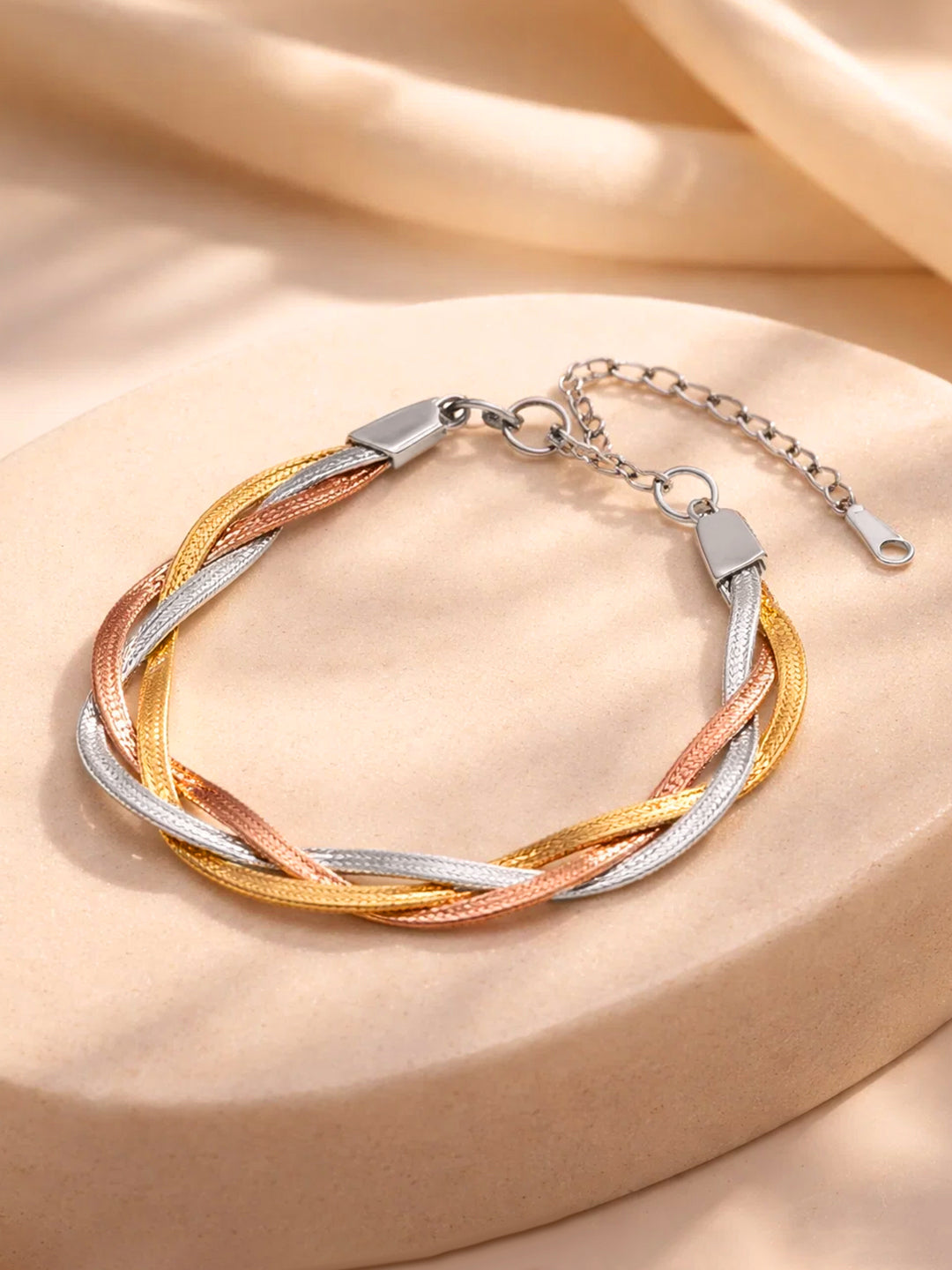 Demi Fine Triple Tone Stainless steel Twisted Snake Chain Bracelet Length - 6.5 cm
