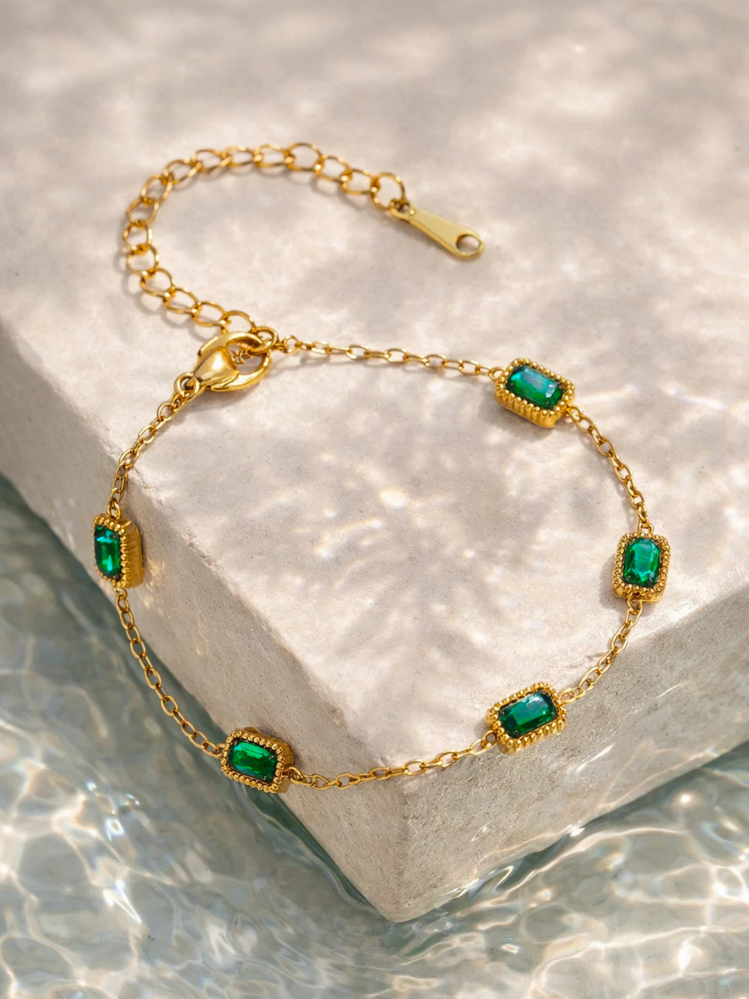 Demi Fine 18K Gold Plated Stainless steel Sleek Emerald Crystal Chain Bracelet Length - 15.5 cm