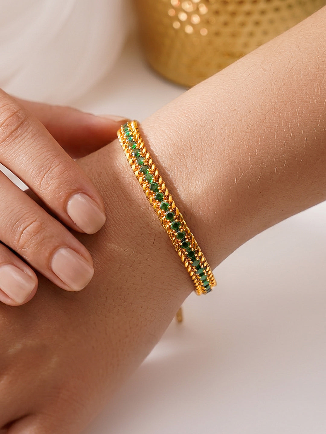 Demi Fine 18K Gold Plated Stainless steel Emerald Green Crystal Chain Bracelet Length - 15.5 cm