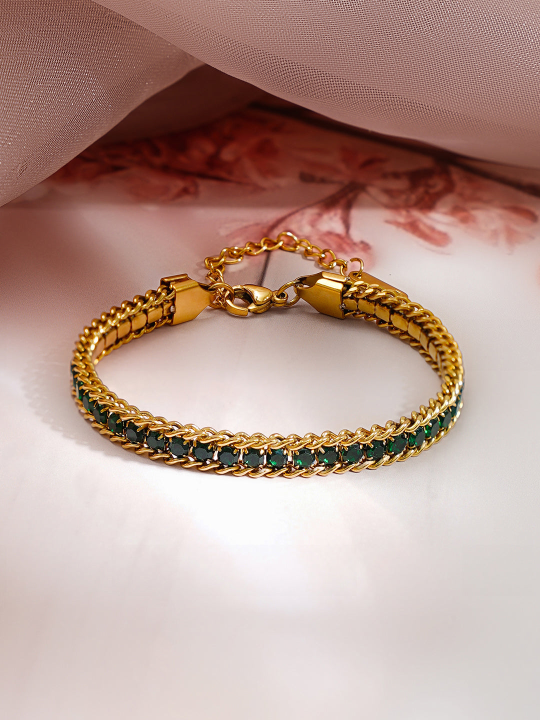 Demi Fine 18K Gold Plated Stainless steel Emerald Green Crystal Chain Bracelet Length - 15.5 cm