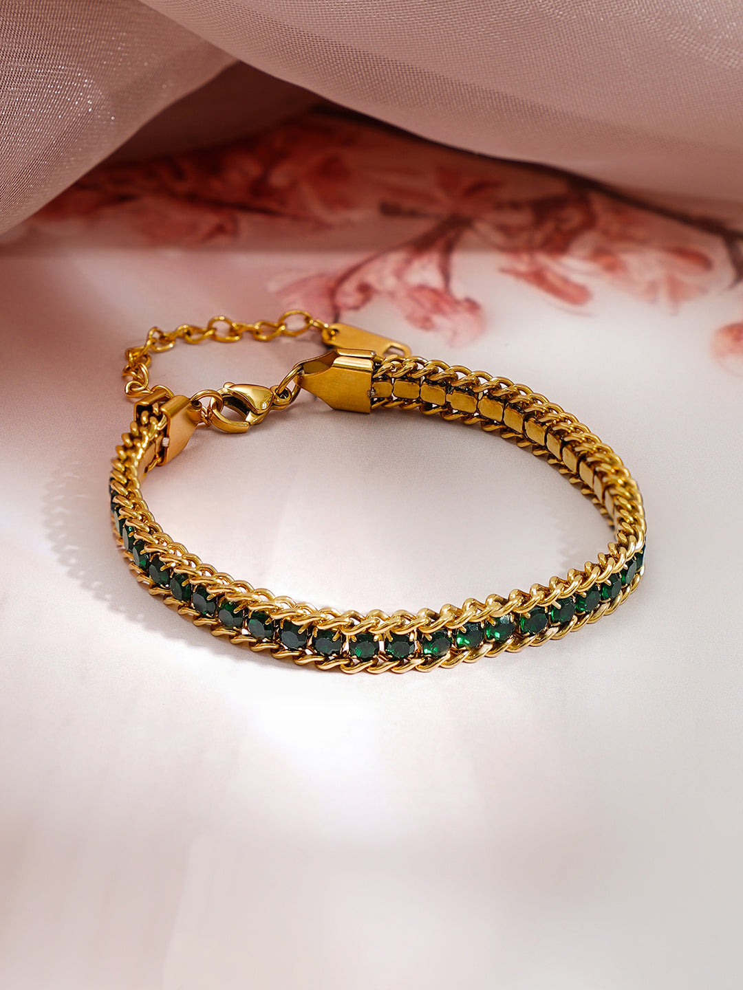 Demi Fine 18K Gold Plated Stainless steel Emerald Green Crystal Chain Bracelet Length - 15.5 cm