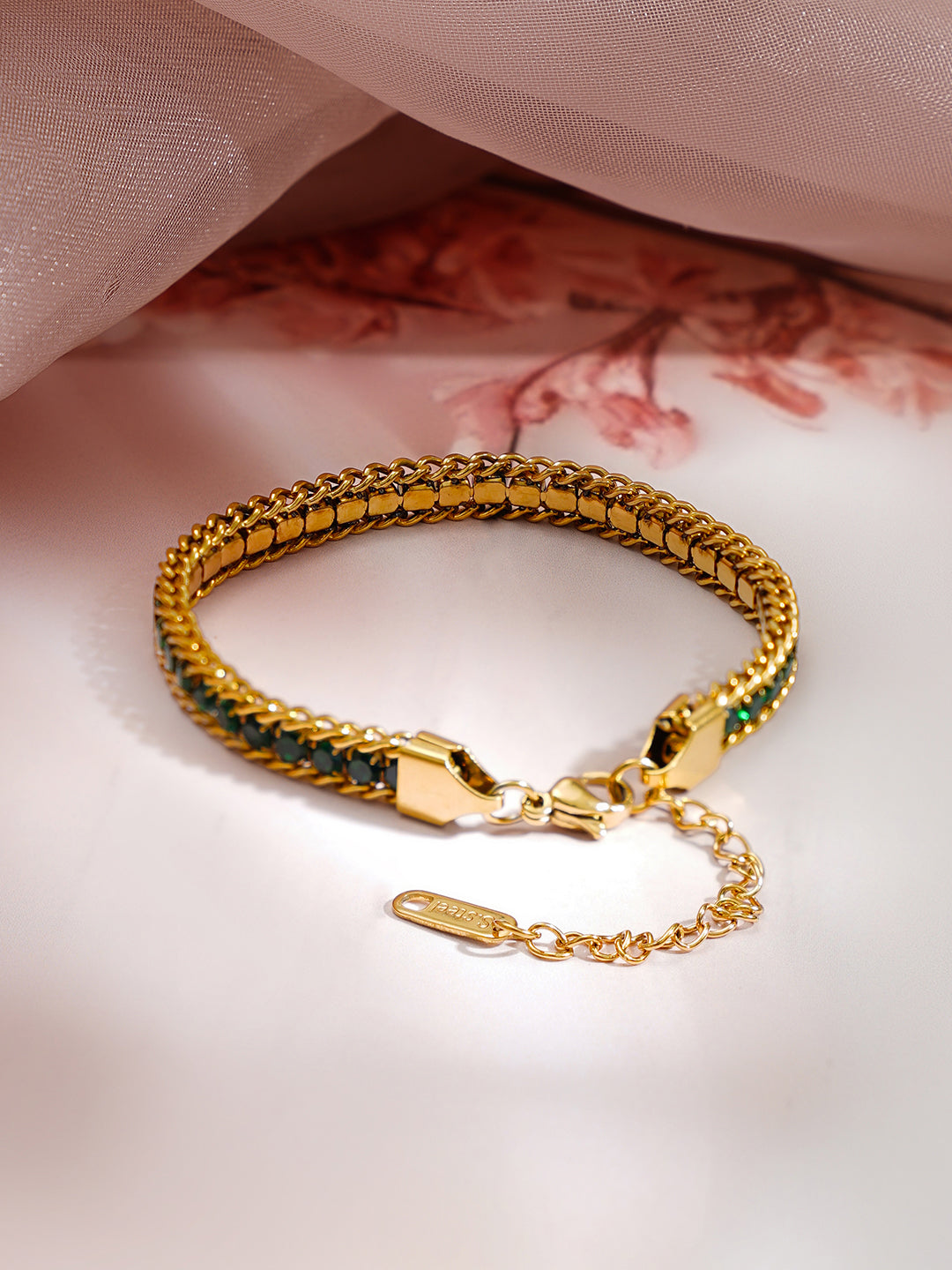 Demi Fine 18K Gold Plated Stainless steel Emerald Green Crystal Chain Bracelet Length - 15.5 cm
