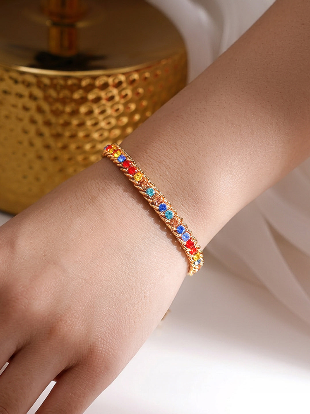 Demi Fine 18K Gold Plated Stainless steel Multicolor Crystal Chain Bracelet Length - 15.5 cm