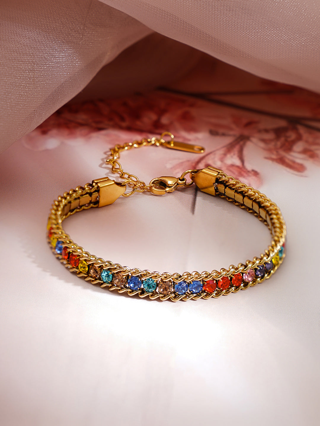Demi Fine 18K Gold Plated Stainless steel Multicolor Crystal Chain Bracelet Length - 15.5 cm
