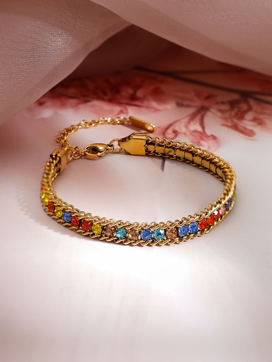 Demi Fine 18K Gold Plated Stainless steel Multicolor Crystal Chain Bracelet Length - 15.5 cm