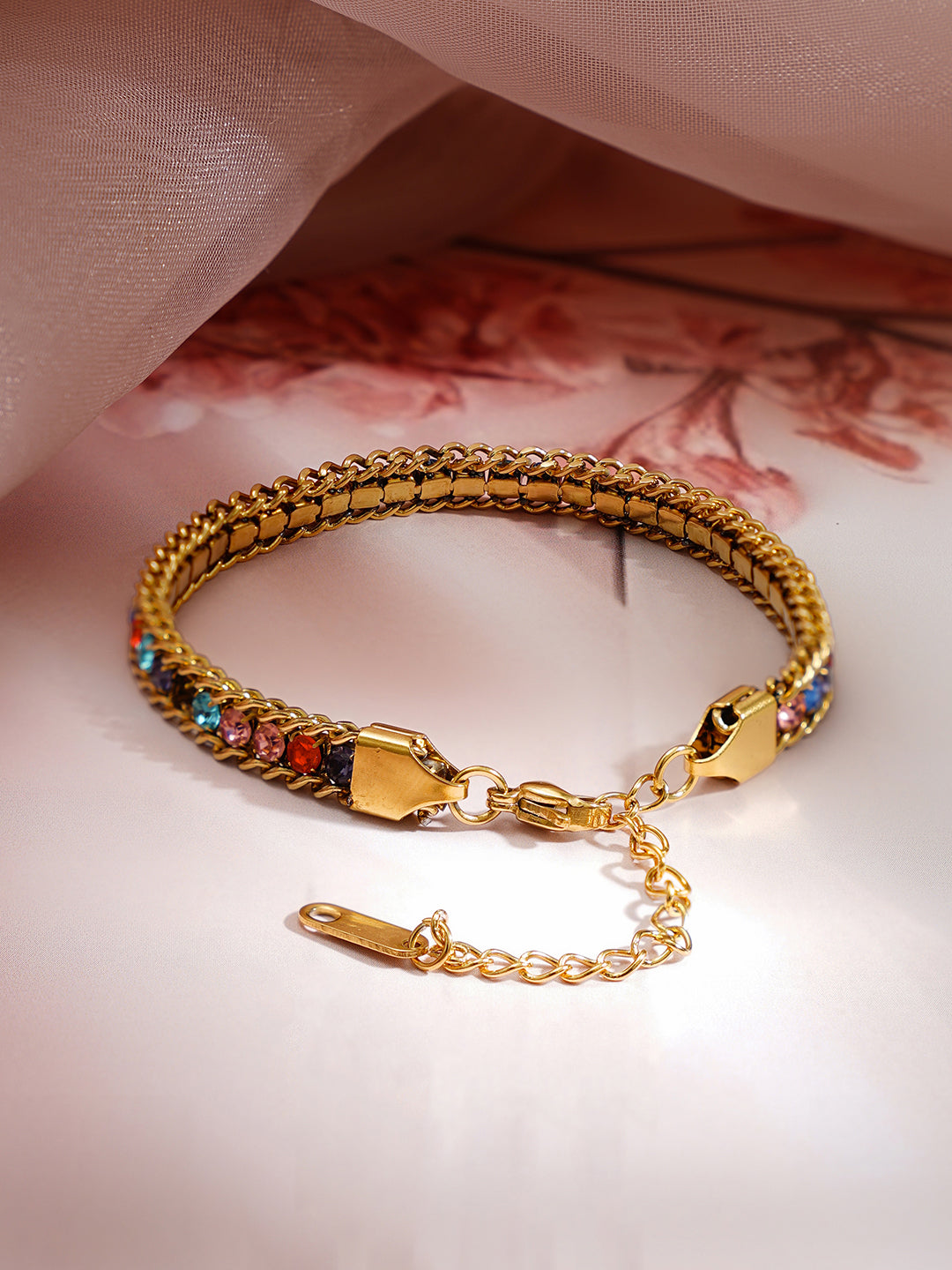 Demi Fine 18K Gold Plated Stainless steel Multicolor Crystal Chain Bracelet Length - 15.5 cm