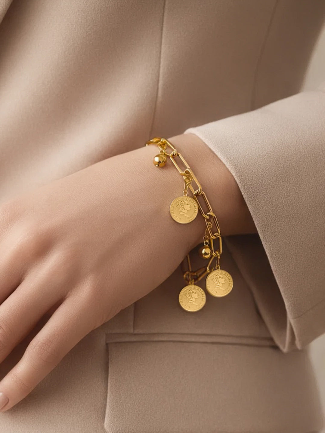 Demi Fine 18K Gold Plated Stainless steel Coin Charm Link Chain Bracelet Length - 15.5 cm