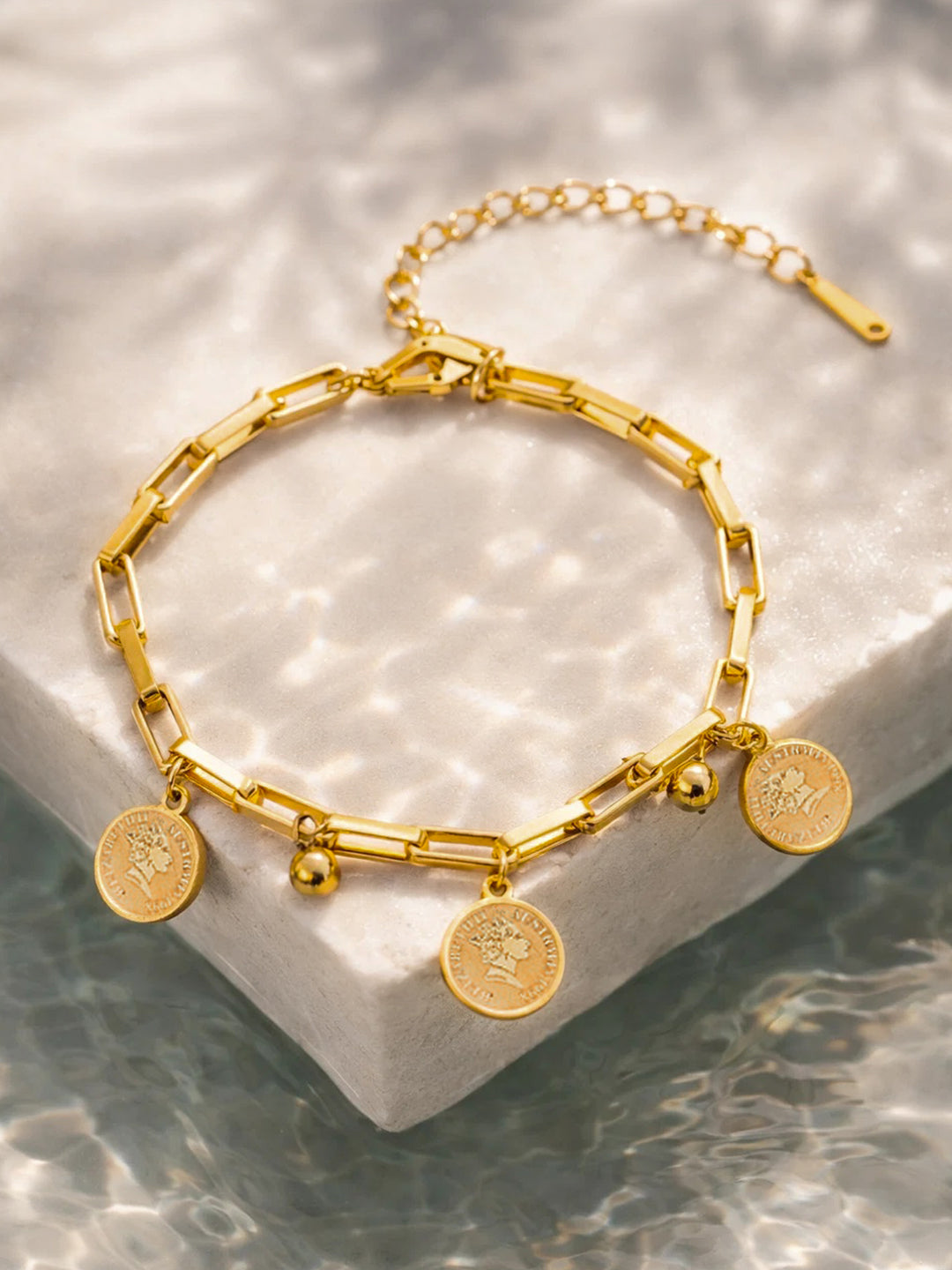 Demi Fine 18K Gold Plated Stainless steel Coin Charm Link Chain Bracelet Length - 15.5 cm