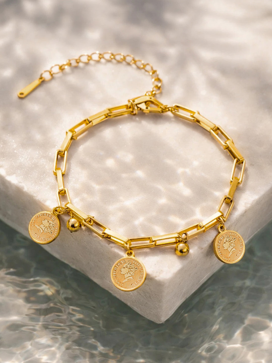 Demi Fine 18K Gold Plated Stainless steel Coin Charm Link Chain Bracelet Length - 15.5 cm