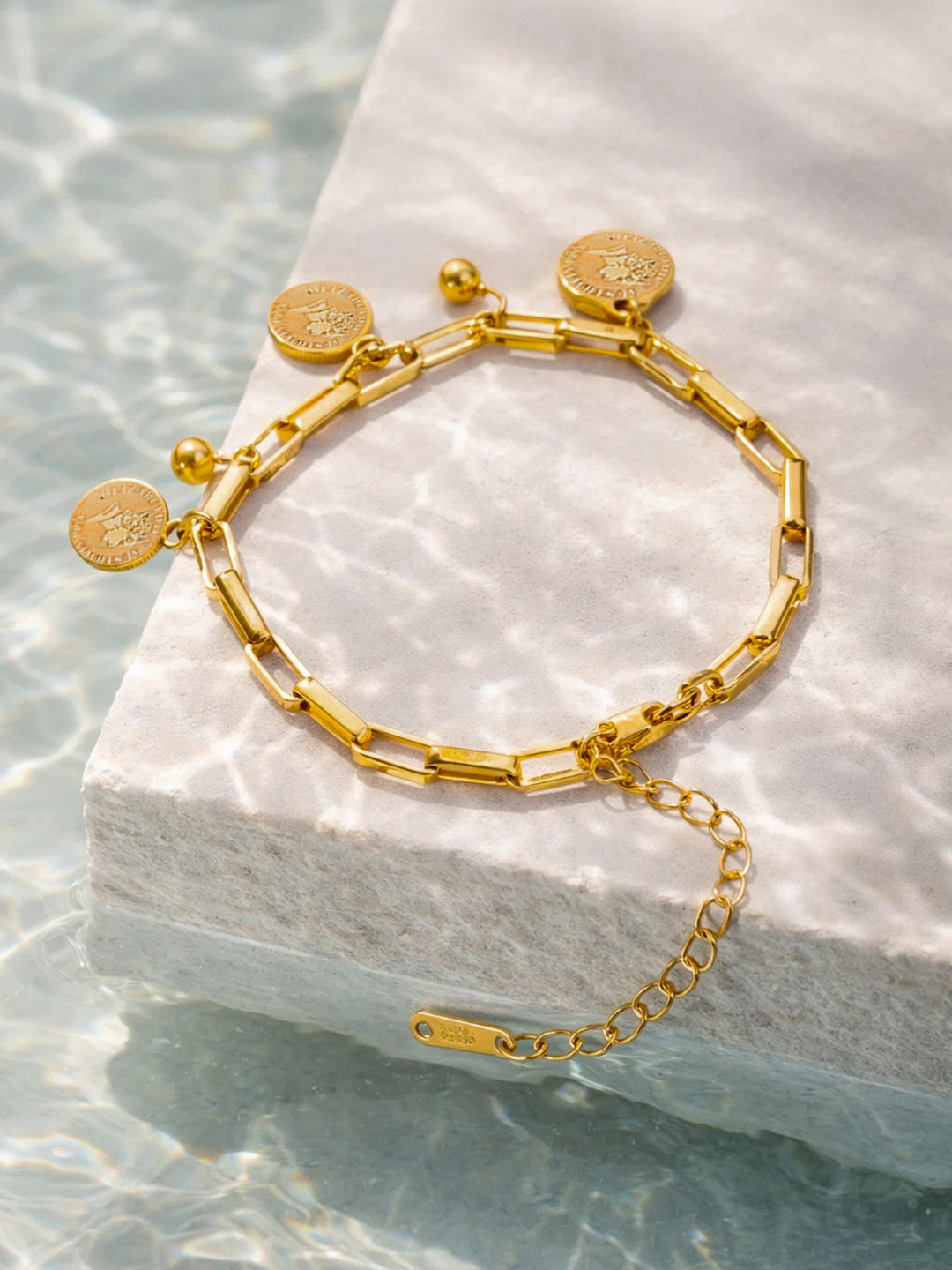 Demi Fine 18K Gold Plated Stainless steel Coin Charm Link Chain Bracelet Length - 15.5 cm