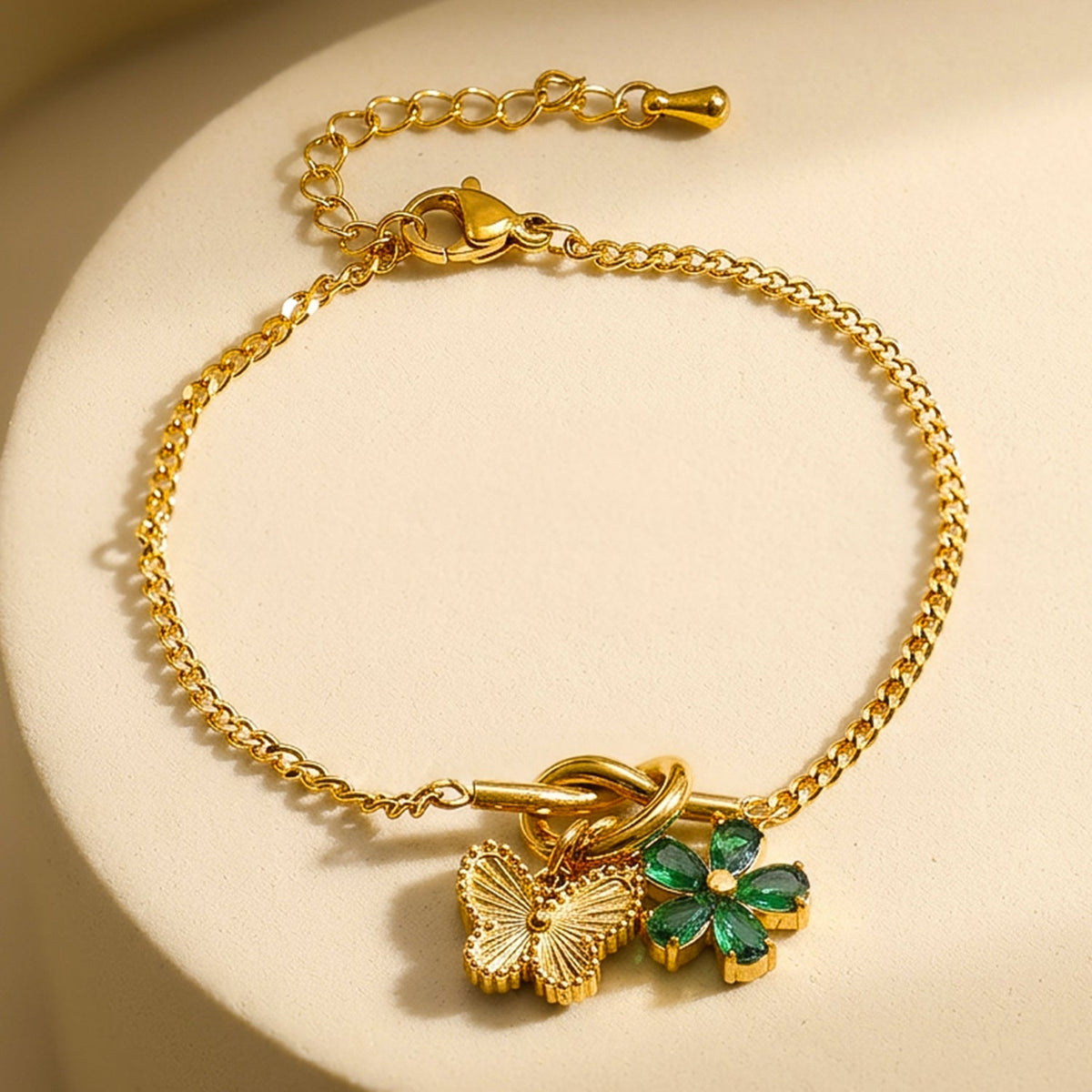 Demi Fine 18K Gold Plated Stainless Steel Butterfly & Floral Charm Bracelet フリーサイズ