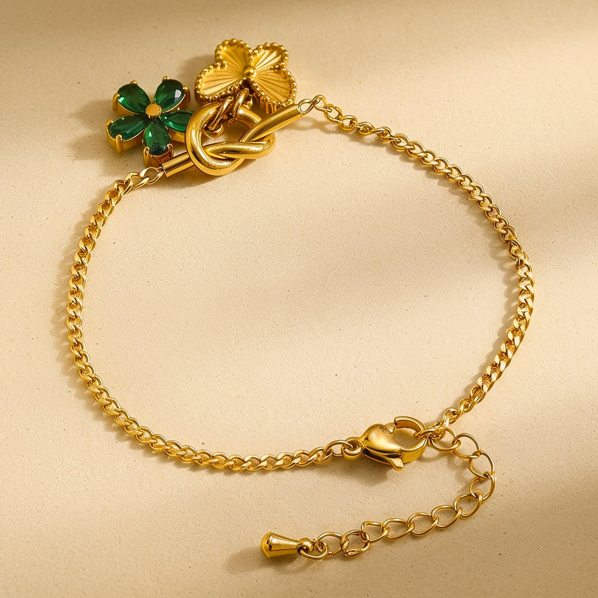 Demi Fine 18K Gold Plated Stainless Steel Butterfly & Floral Charm Bracelet フリーサイズ