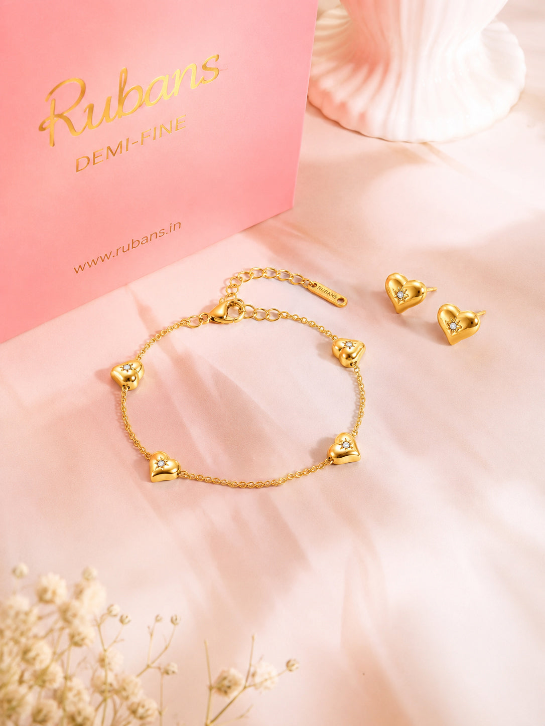 Demi Fine 18k Gold Plated Stainless Steel Heart Charm Bracelet & Stud Earrings Bracelet Length - 21 cm