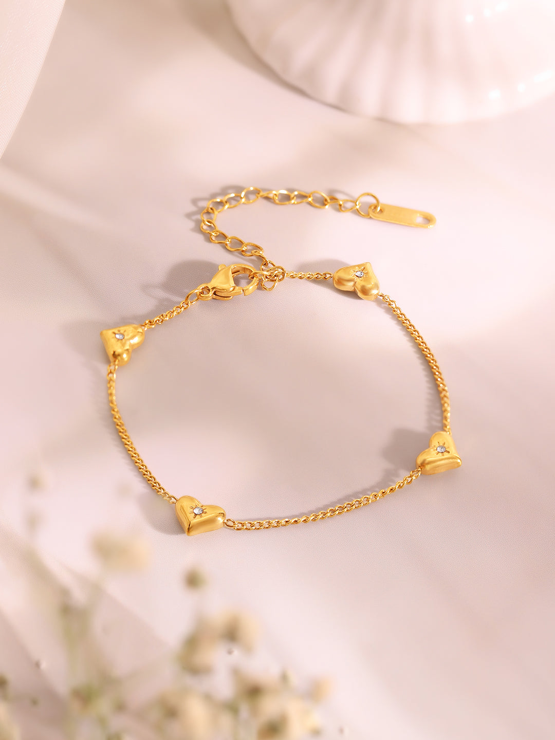 Demi Fine 18k Gold Plated Stainless Steel Heart Charm Bracelet & Stud Earrings Bracelet Length - 21 cm