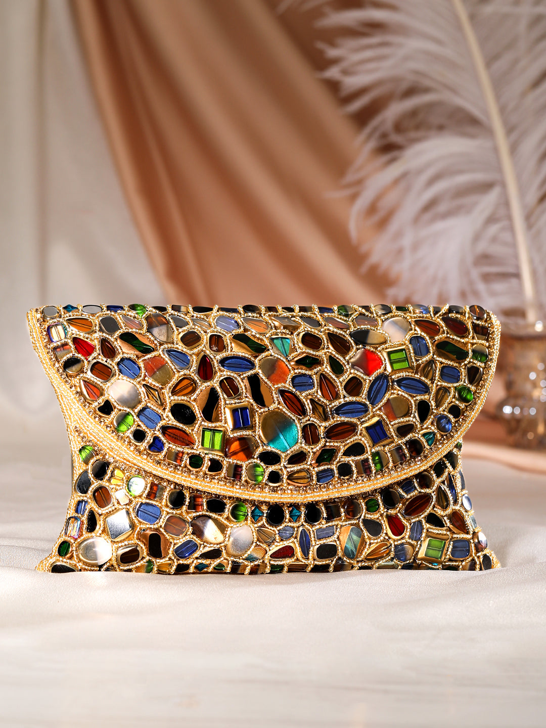 Rubans Multicolour Stone Studded Clutch Bag With Golden Embroided Design Gold