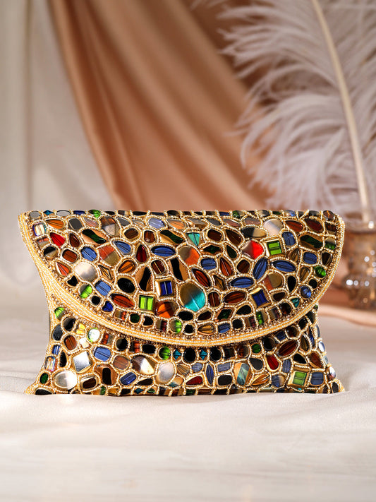 Rubans Multicolour Stone Studded Clutch Bag With Golden Embroided Design Gold