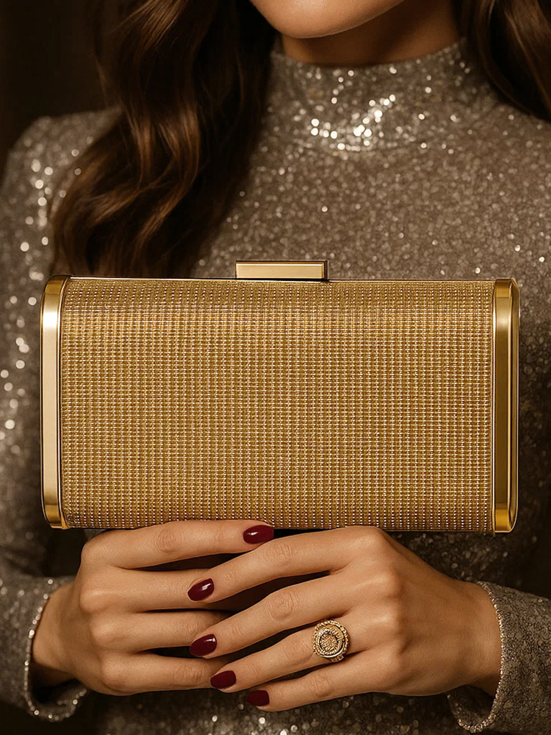 Festive Glow Structured Gold Clutch フリーサイズ