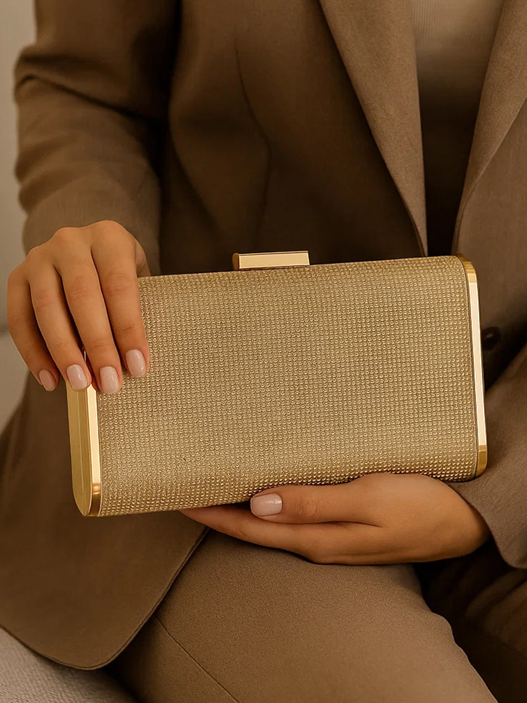 Festive Glow Structured Gold Clutch フリーサイズ