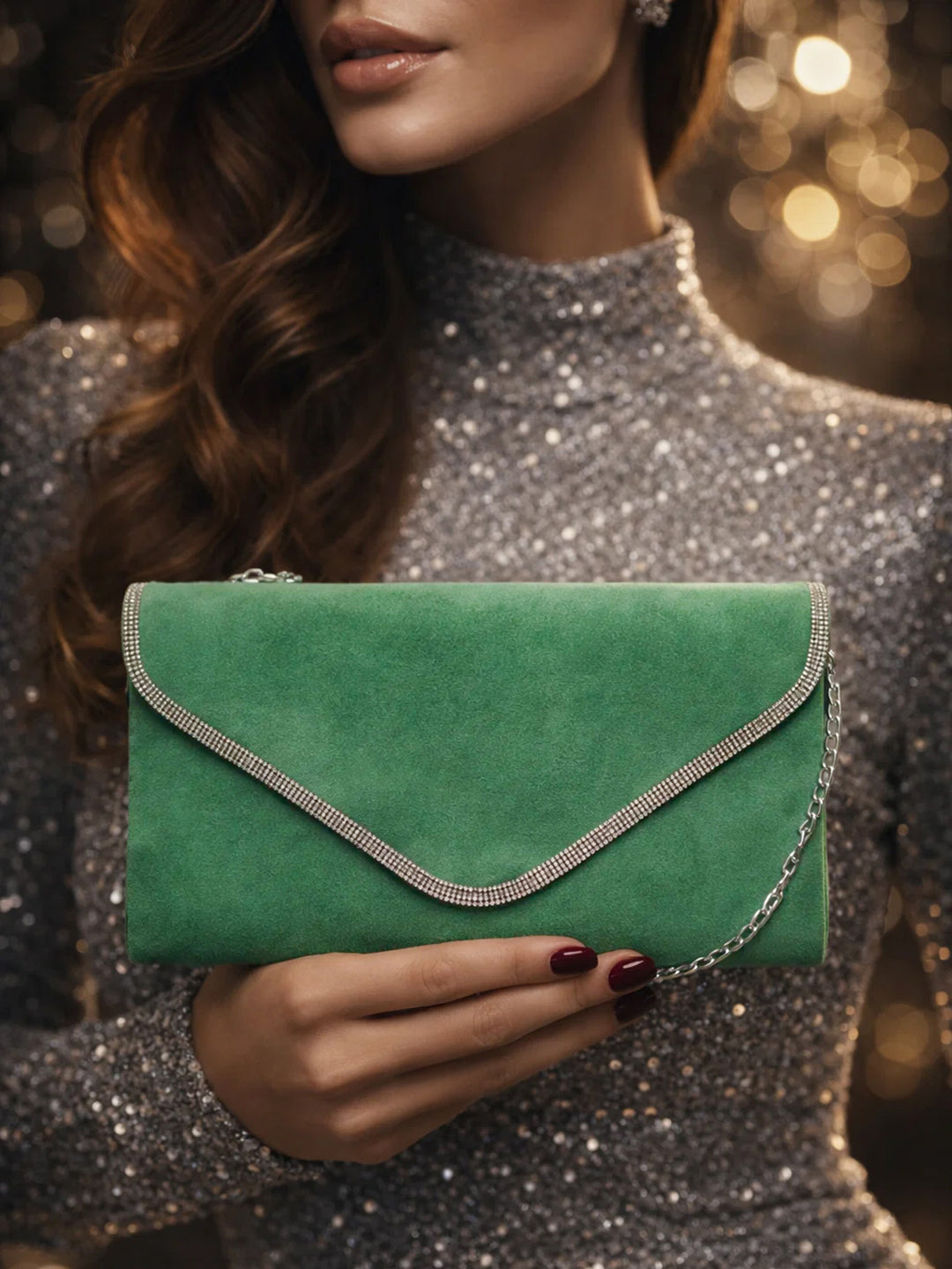 Green Velvet Chain Statement Clutch フリーサイズ
