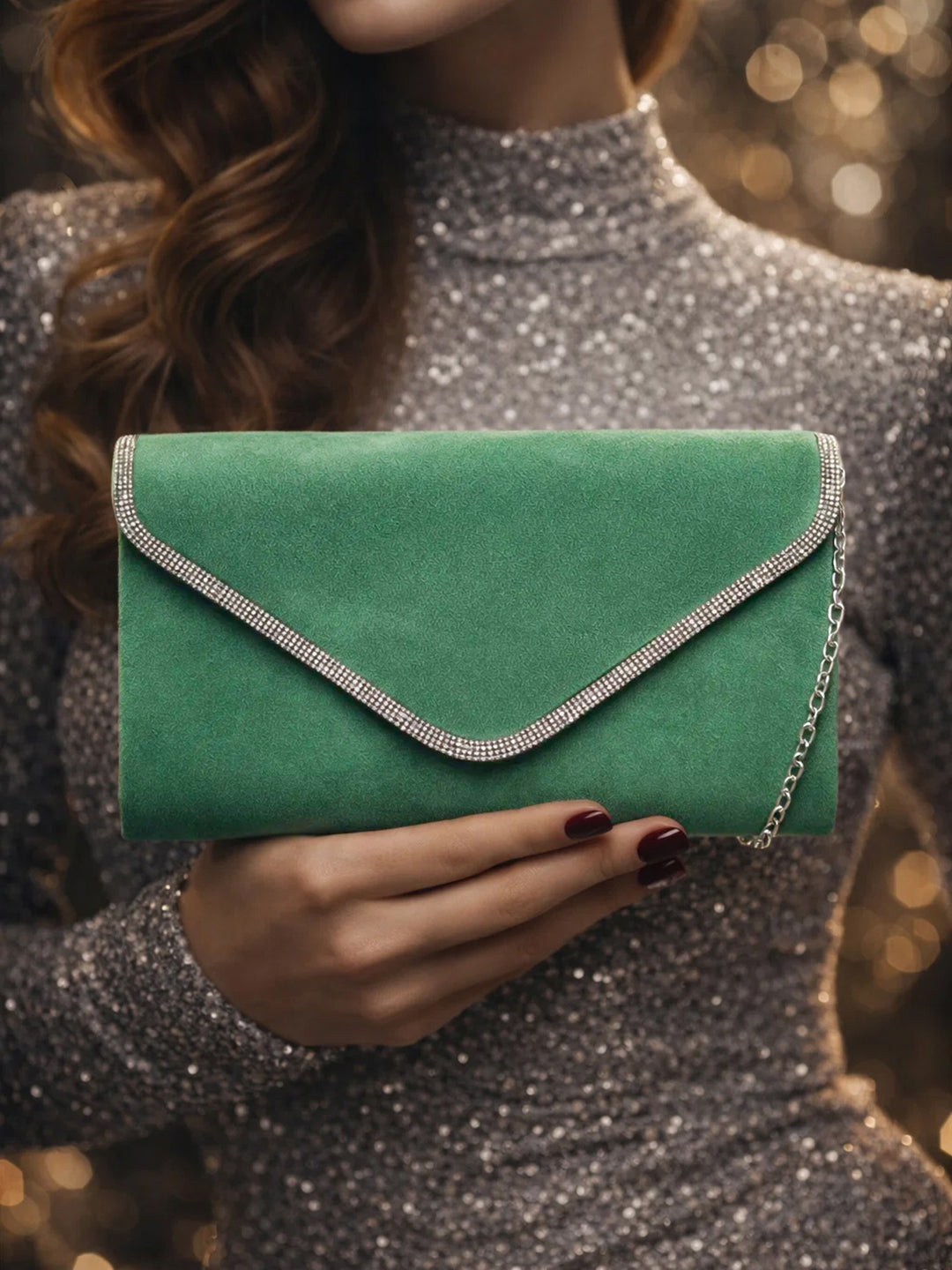 Green Velvet Chain Statement Clutch フリーサイズ