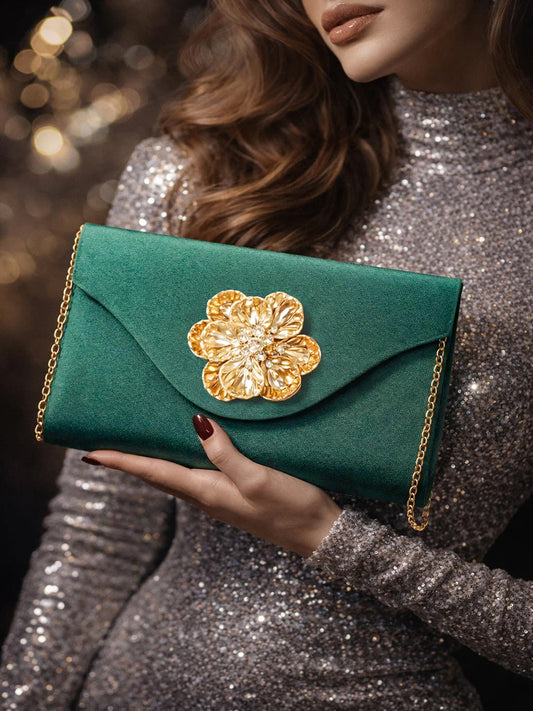 Gold Bloom Embellished Green Satin Clutch フリーサイズ