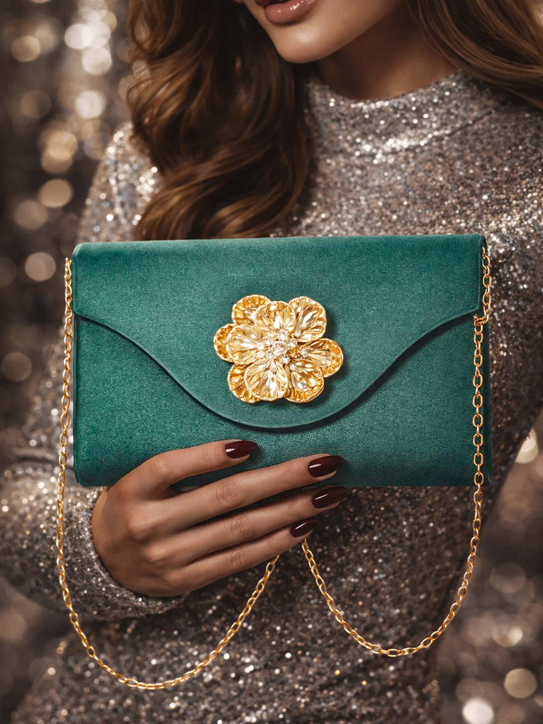Gold Bloom Embellished Green Satin Clutch フリーサイズ