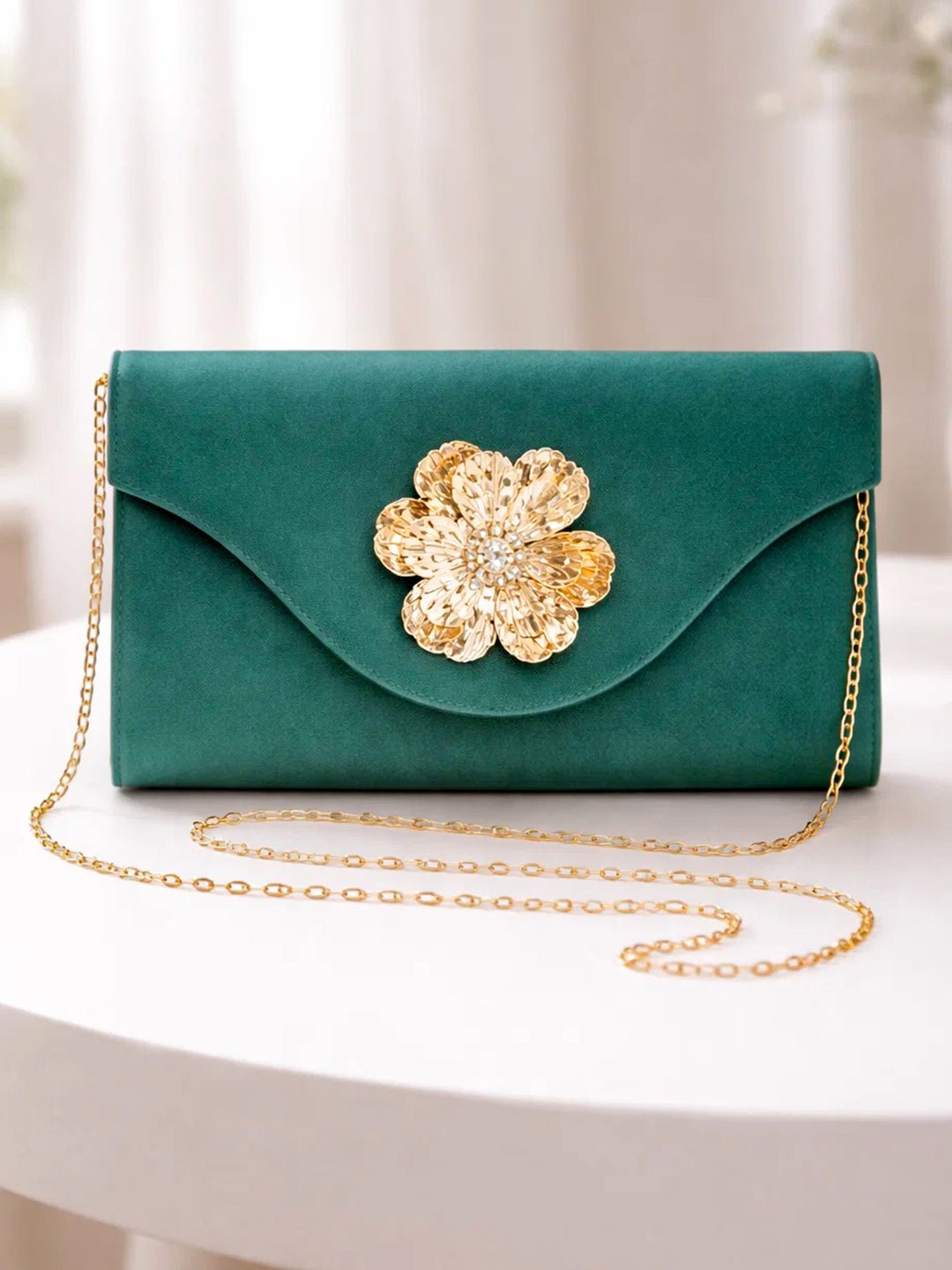 Gold Bloom Embellished Green Satin Clutch フリーサイズ