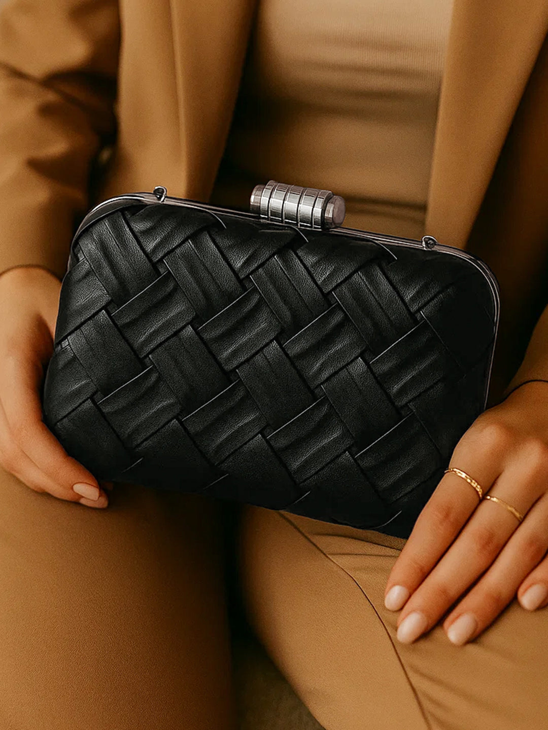 Black Woven Evening Clutch Bag フリーサイズ
