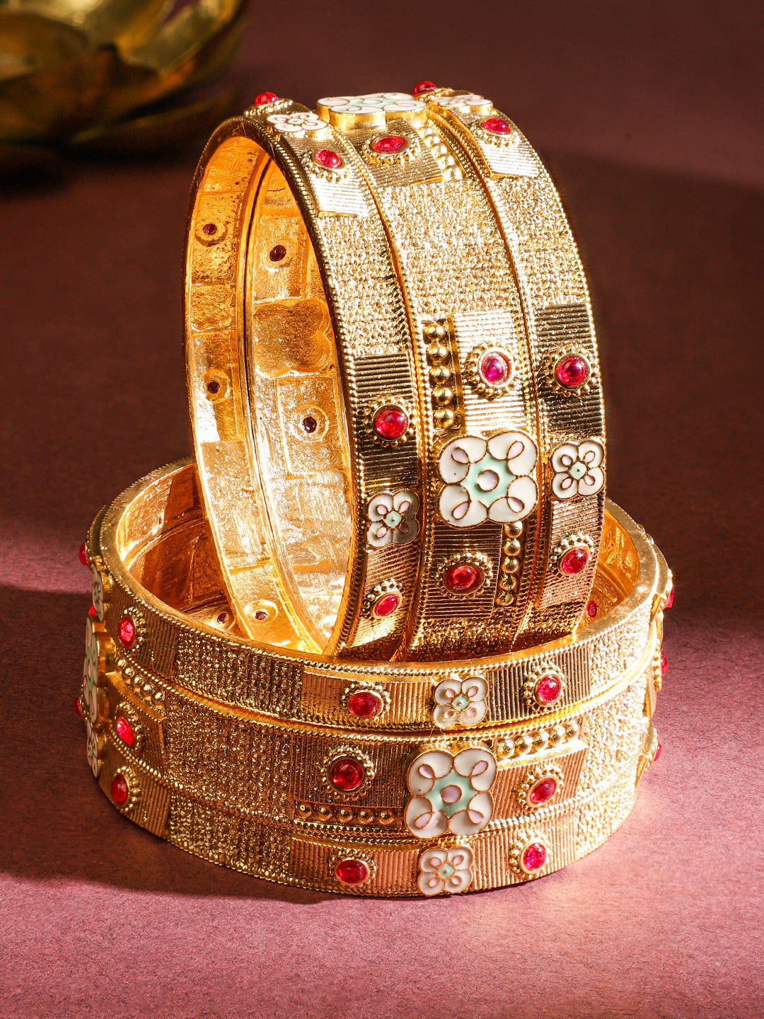 Gold Toned Pink Studded Bangles Set Of 6 2.4 - Small