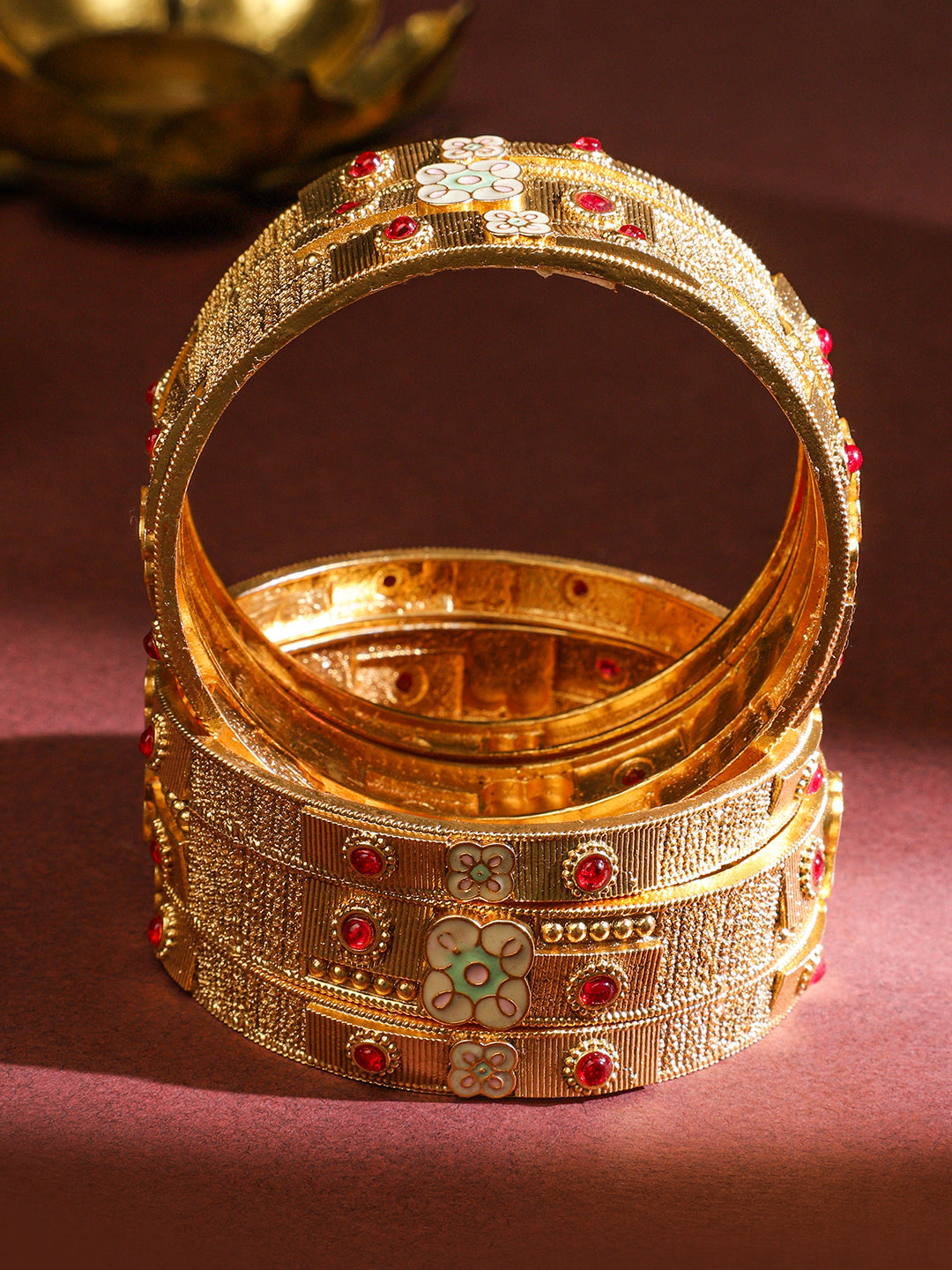 Gold Toned Pink Studded Bangles Set Of 6 2.4 - Small