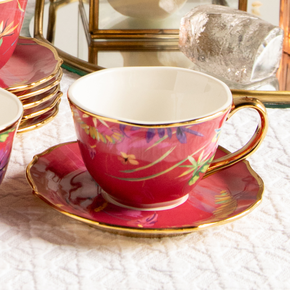 Imperial Crimson Bloom Tea Set (6 Cups & Saucers) – 200 ml 200ml