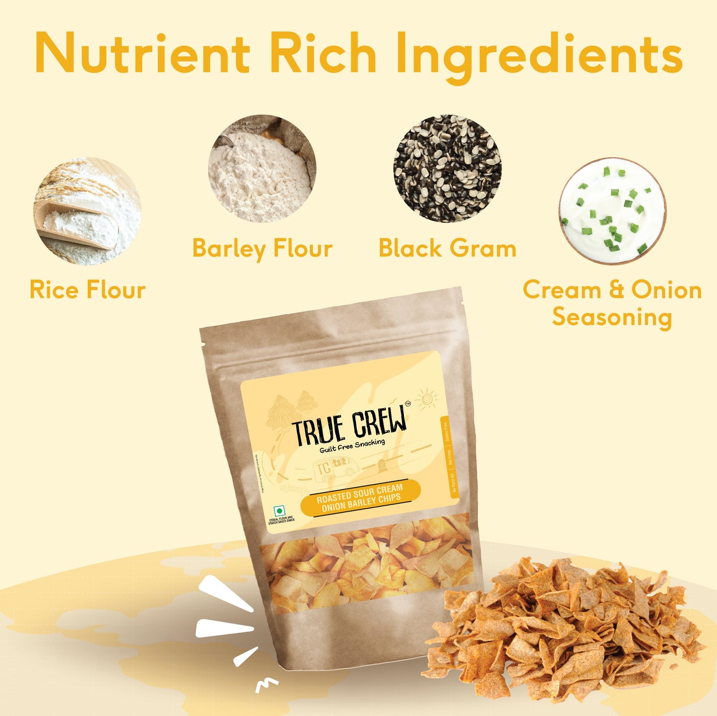 TRUE CREW - Sour Cream Onion Barley Chips, 125 g 125g