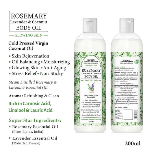 Rosemary Lavender Coconut Body Oil, Glowing Skin, Moisturizing Refreshing Aroma, Non Sticky Anti Aging, Essential Oil 200ml