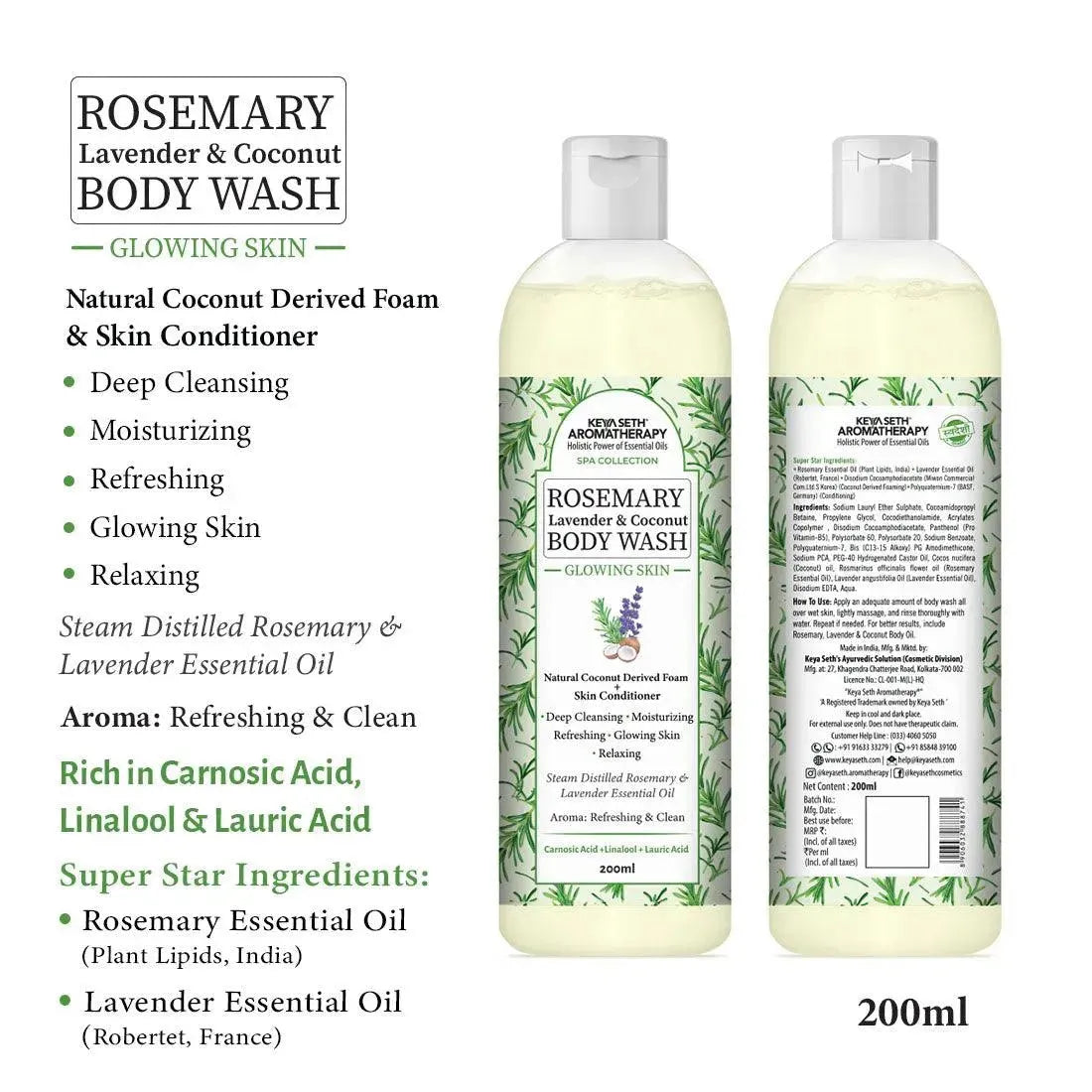 Rosemary Lavender Coconut Body Wash, Glowing Skin Moisturizing & Refreshing, Natural Coconut Derived Foaming + Conditioner, Essential Oil 200ml