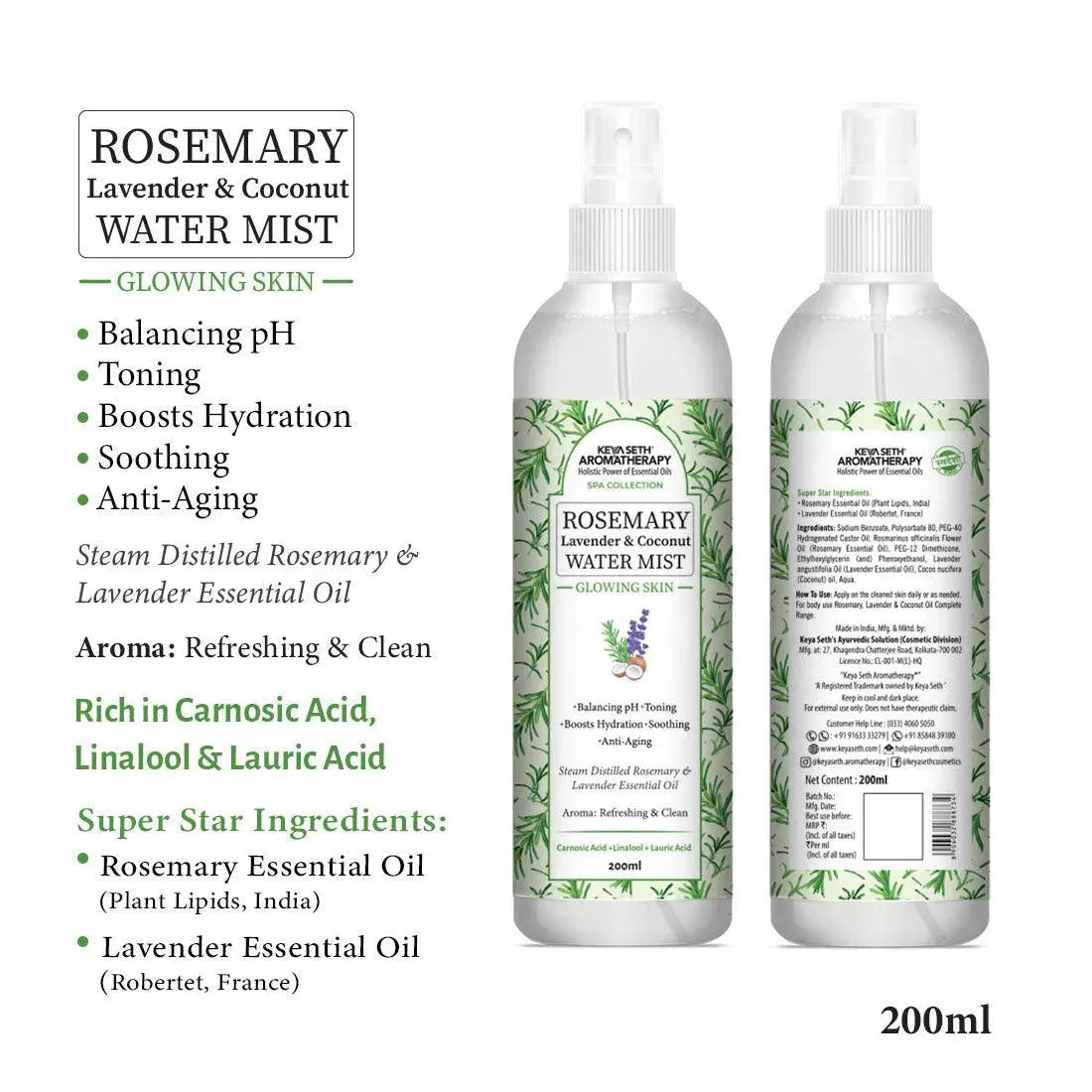 Rosemary Lavender Coconut Water Mist Spray Face Toner, Glowing Skin Hydration Soothing Anti Aging, Distilled Essential Oil 200ml