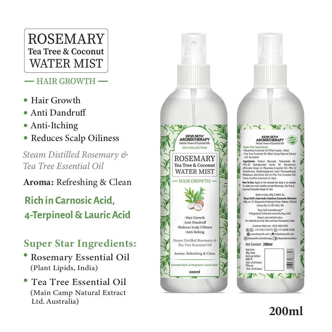 Rosemary Tea Tree Coconut Water Mist Spray,Hair Growth,Reduces Dandruff Scalp Itching & Oiliness,Steam Distilled Essential Oil 200ml