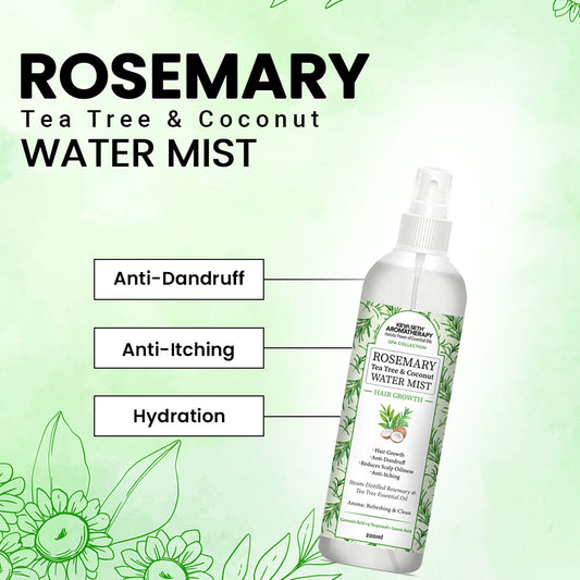 Rosemary Tea Tree Coconut Water Mist Spray,Hair Growth,Reduces Dandruff Scalp Itching & Oiliness,Steam Distilled Essential Oil 200ml x 3