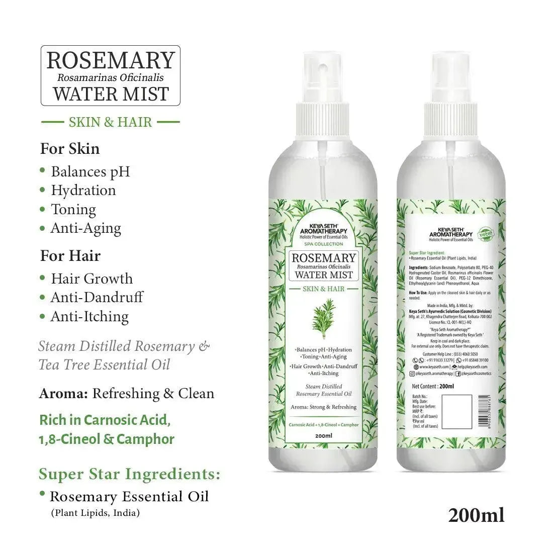 Rosemary Water Spray Mist Hair Growth & Skin Toner, Hydration,Anti Dandruff,Reduces Scalp Itching Rosemary Essential Oil 200ml