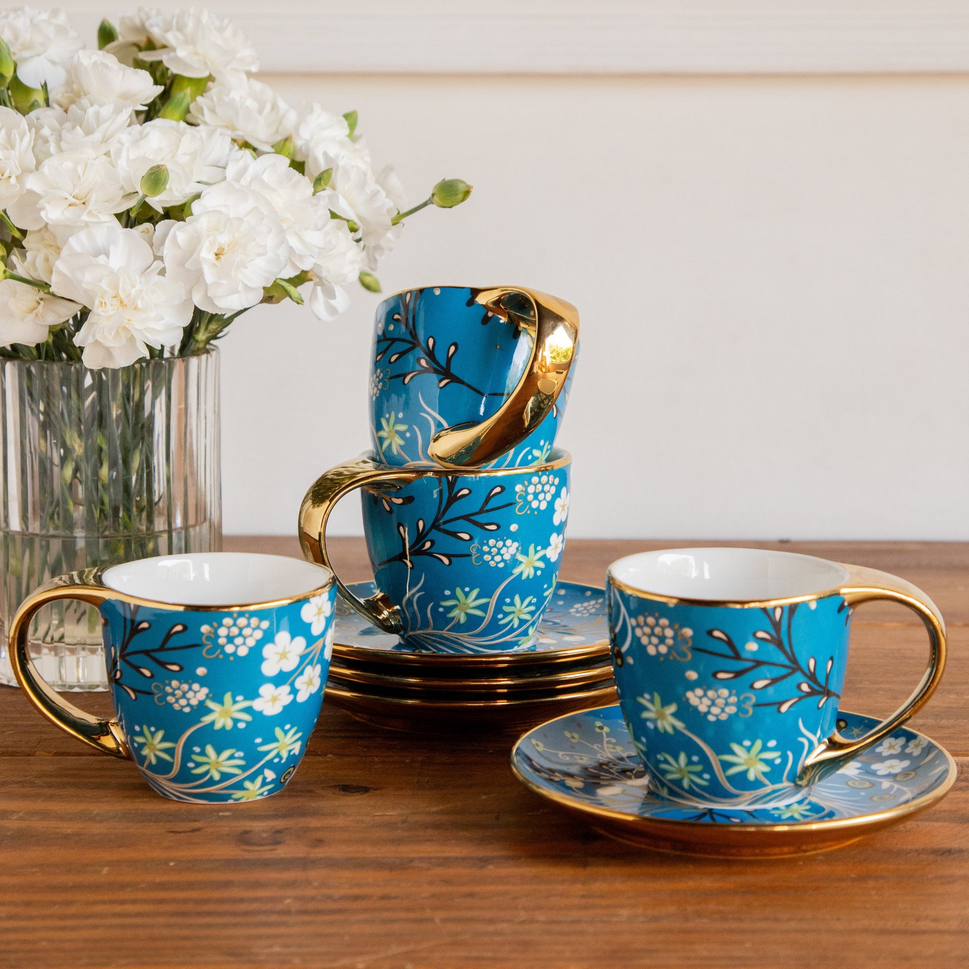 Royal Azure Bloom Tea Set (6 Cups & Saucers) – 200 ML Each 200ml