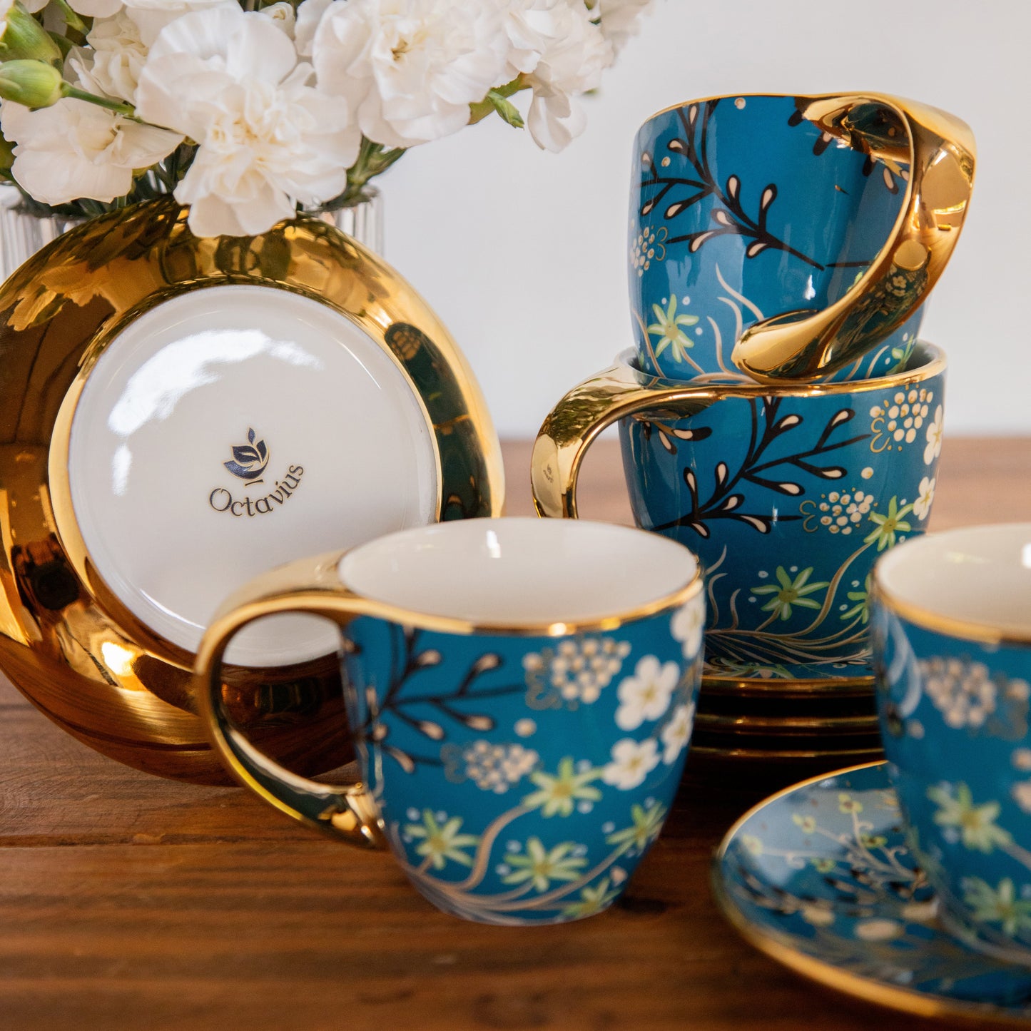 Royal Azure Bloom Tea Set (6 Cups & Saucers) – 200 ML Each 200ml