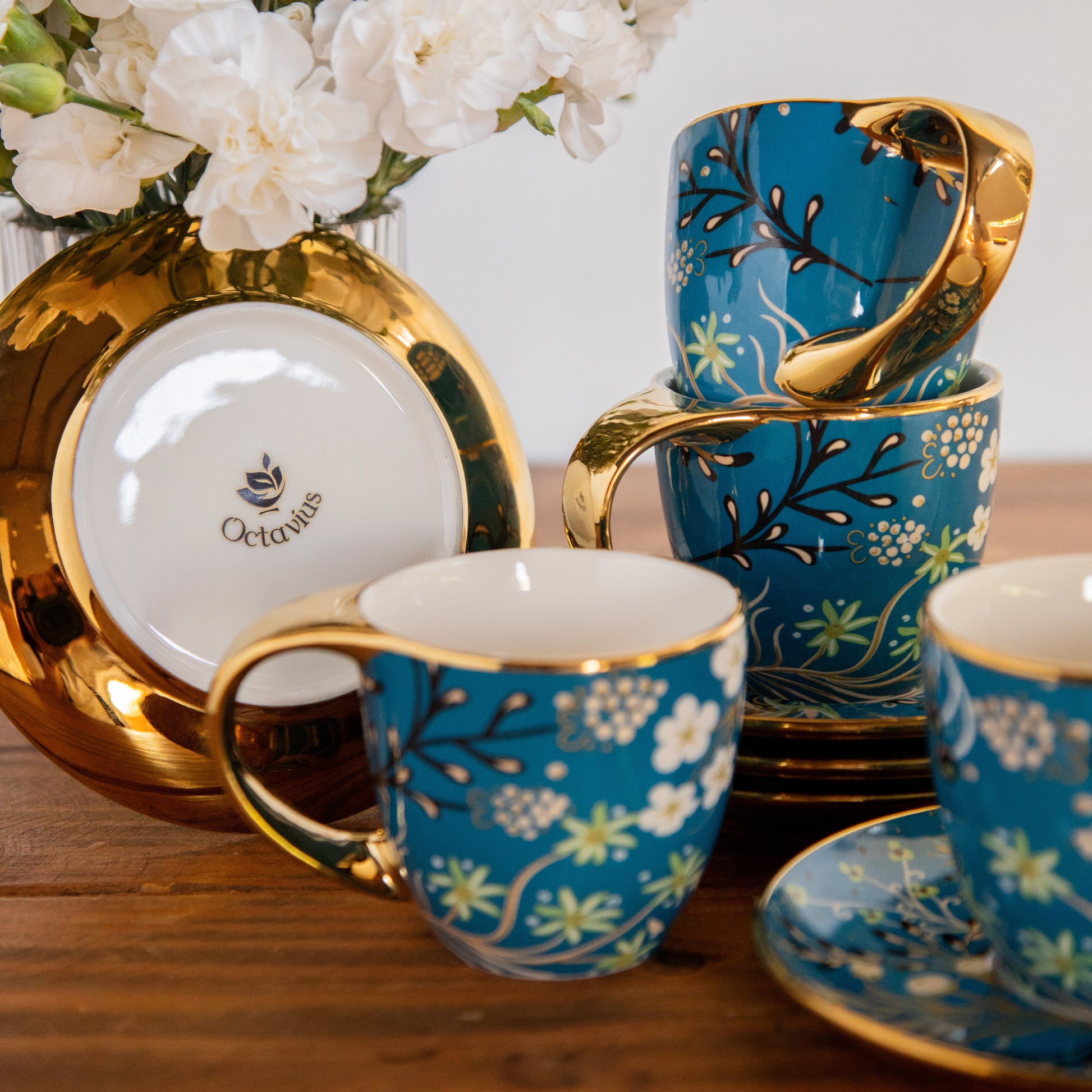 Royal Azure Bloom Tea Set (6 Cups & Saucers) – 200 ML Each 200ml