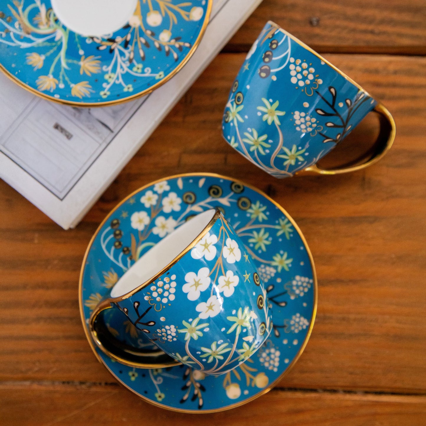 Royal Azure Bloom Tea Set (6 Cups & Saucers) – 200 ML Each 200ml