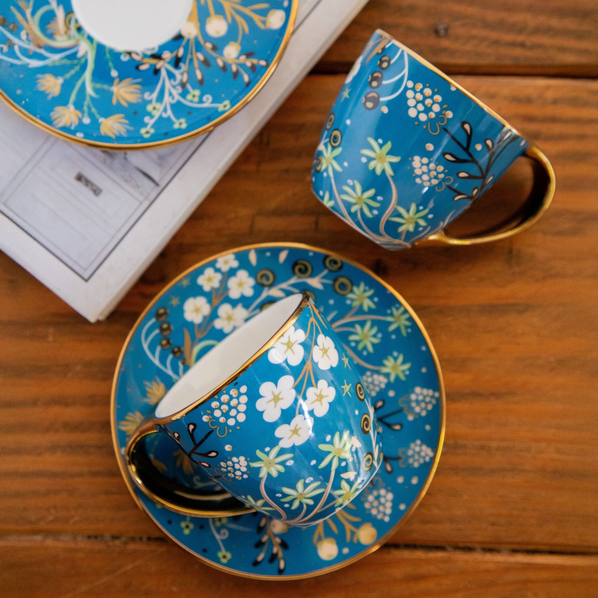 Royal Azure Bloom Tea Set (6 Cups & Saucers) – 200 ML Each 200ml