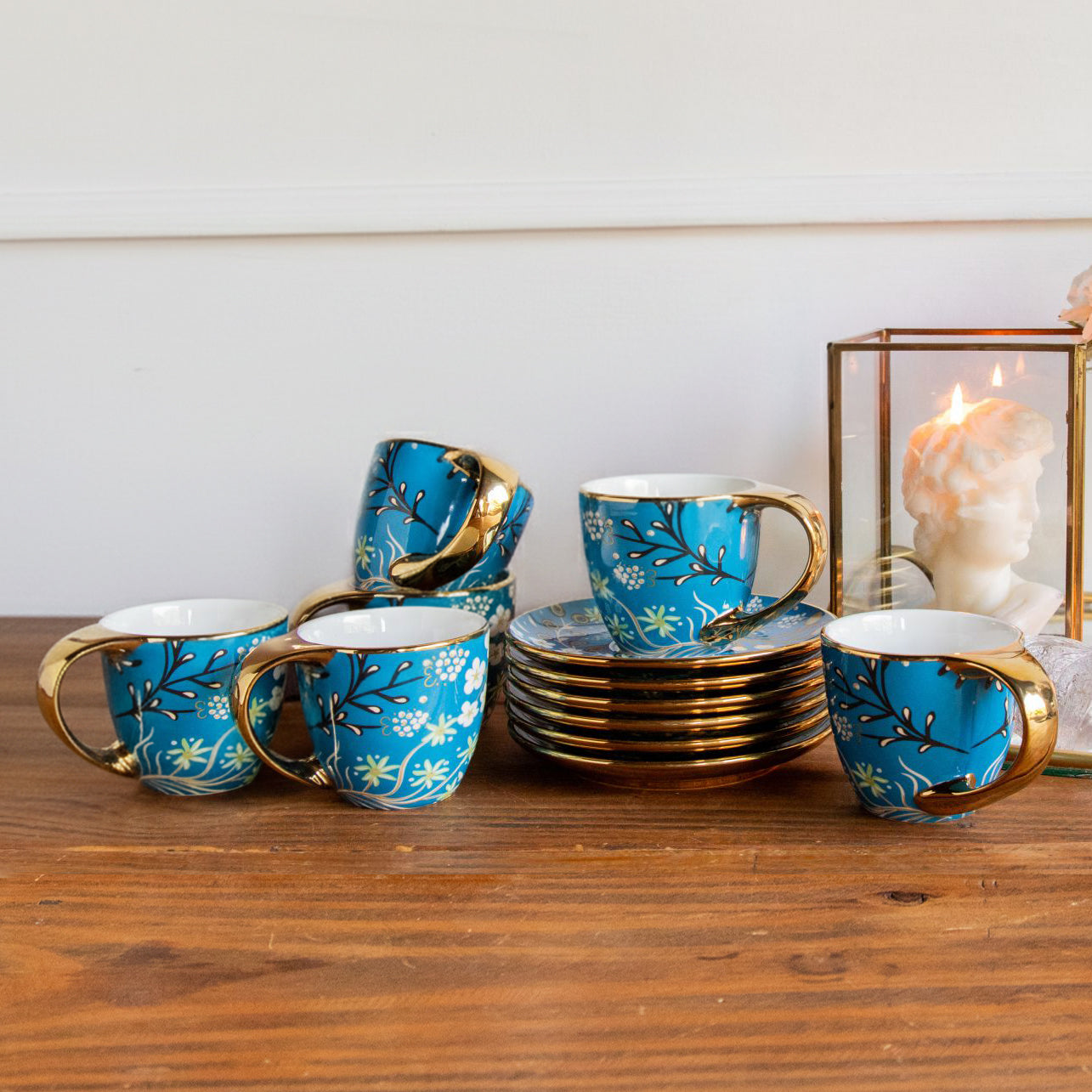 Royal Azure Bloom Tea Set (6 Cups & Saucers) – 200 ML Each 200ml