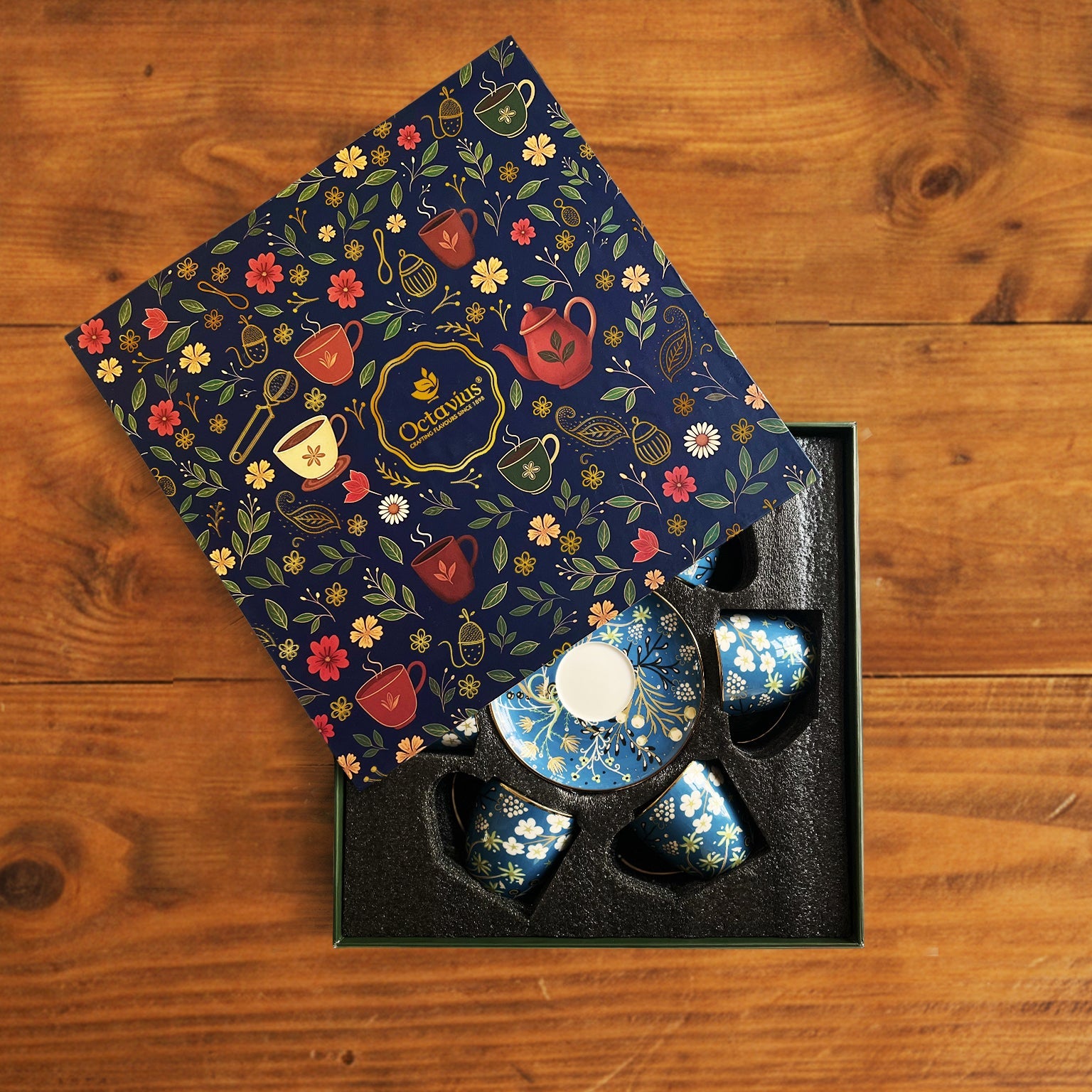 Royal Azure Bloom Tea Set (6 Cups & Saucers) – 200 ML Each 200ml