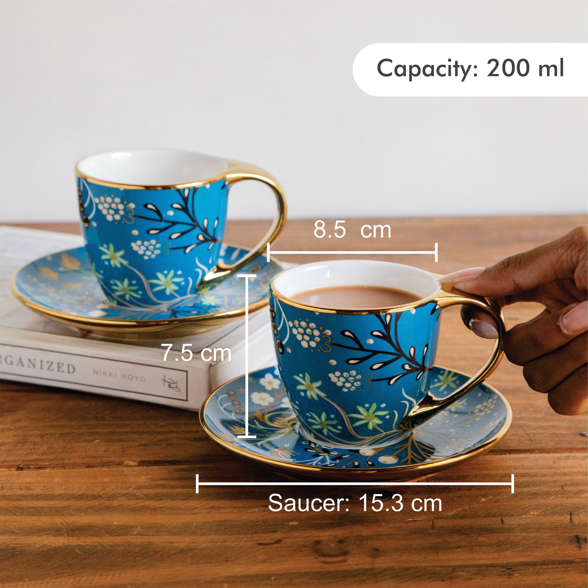 Royal Azure Bloom Tea Set (6 Cups & Saucers) – 200 ML Each 200ml