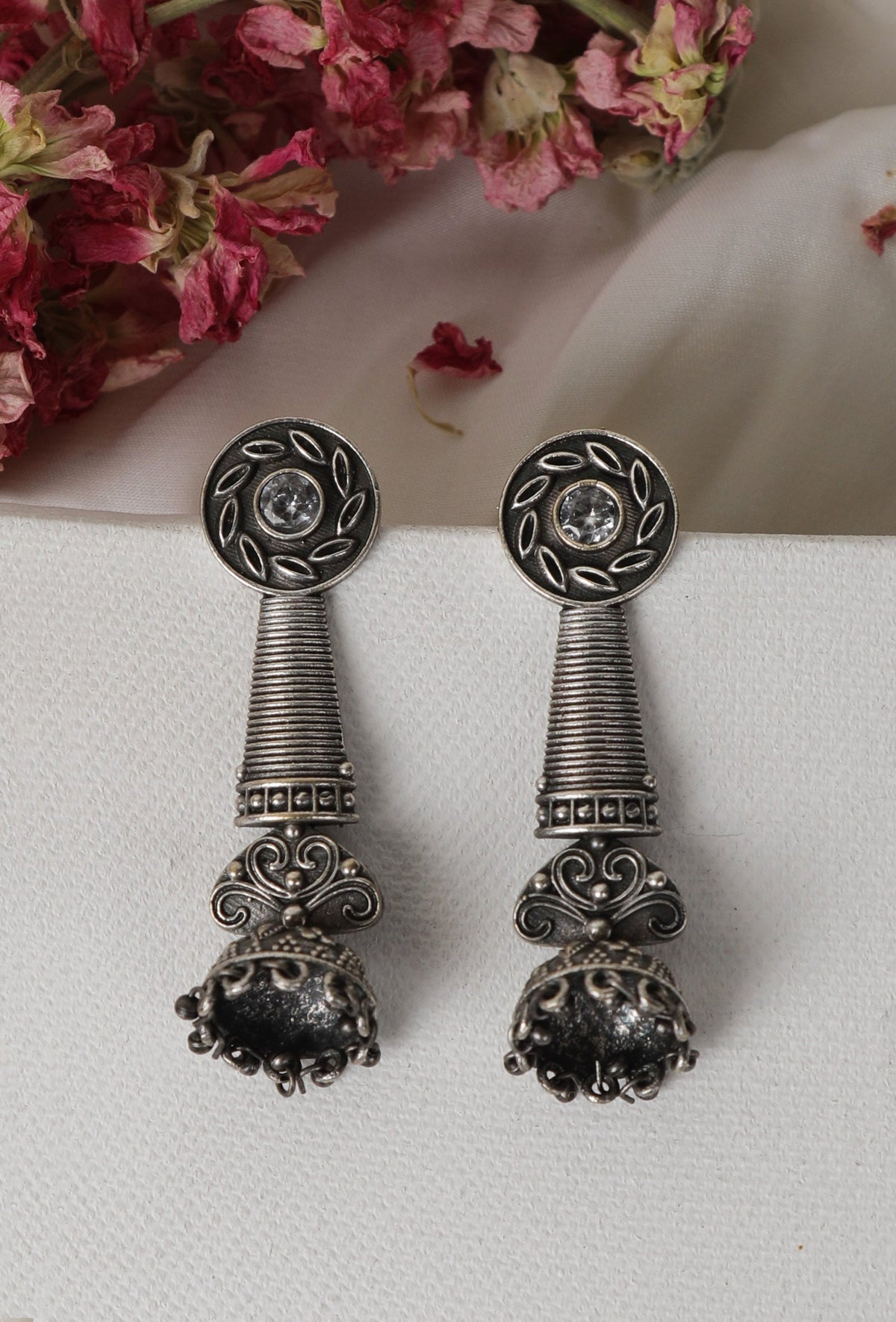 White Kundan Long Spiral Oxidized Jhumkis